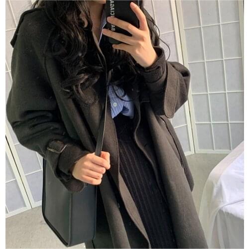 Korean Chic Retro Loose Lapel Trench Coat For Women Double Breasted Vintage Spring autumn Solid Color Outwear