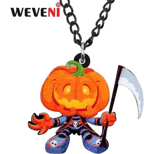 WEVENI Acrylic Halloween Smile Pumpkin Sickle Necklace Pendant Chain Choker Party Anime Jewelry For Women Girls Femme Kids Gift