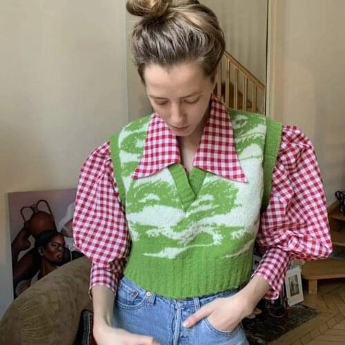 Jacquard Women V-Neck Knitted Vest 2021 New Spring Autumn Sweater Vests Short Female Casual Sleeveless Twist Knit Pullovers