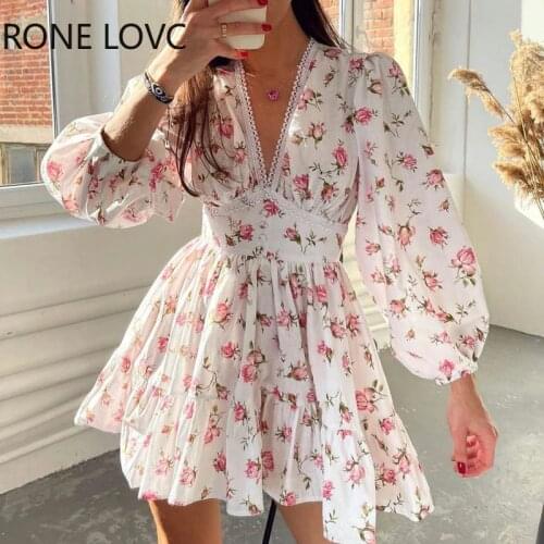 Women Floral V neck Puff Sleeve Lace Sweet Short Dress