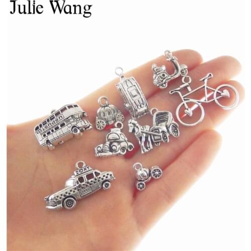 Julie Wang 10pcs Alloy Mixed Motorcycle Car Bike Charms Antique Silver Color Necklace Pendants DIY Jewelry Making Accessory