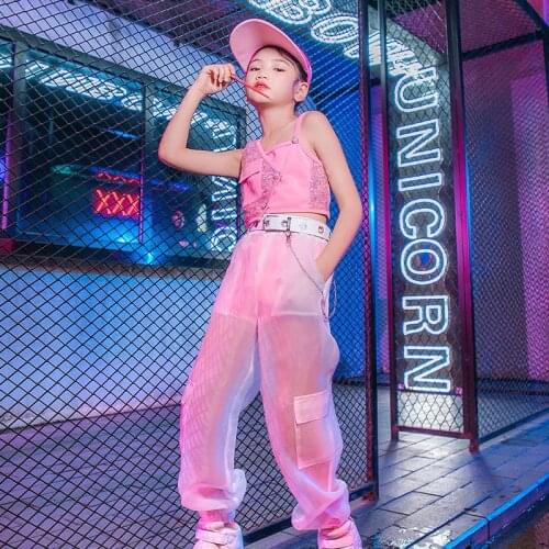 Modern Jazz Dance Clothing For Girls Pink Sequin Tops White Yarn Pants Kids HipHop Suit Child Street Dance Stage Costume DQL5801