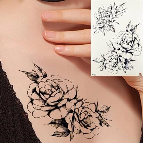 FANRUI Rose Daisy Peony Flower Temporary Tattoo Sticker Camellia Black Pencil Sketch Tattoo Body Art Summer Style Fake Tatoo DIY