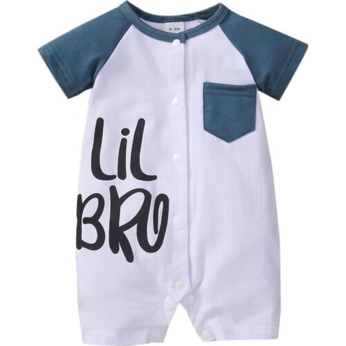 2021 Summer New Newborn Baby Boys Causal Rompers Brother Letter Print Short Sleeve Single Breasted Patchwork Jumpsuits