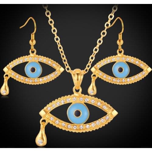 Kpop Earrings Pendant Necklace Set For Women Gold Color Trendy Rhinestone Crystal Tear Evil Eye Jewelry Sets S079