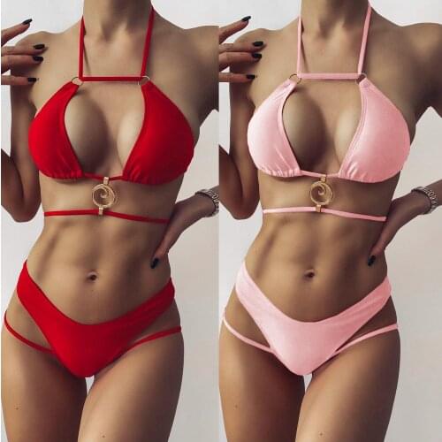 Summer Women Sexy Micro Bikini Set Thong Bathing Suit Solid Color Metal Ring Split Swimsuit High Waist Swimming Beachwear