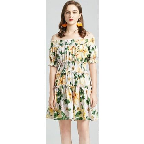 JSXDHK Runway Summer Off Shoulder Camellia Flower Dress Elegant Women Sexy Short Sleeve Ruffles Yelow Floral Holiday Mini Dress