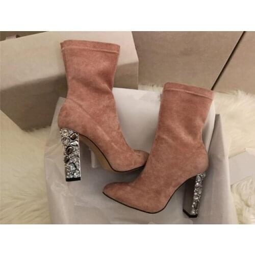 2019 Spring New Hot Girls Solid Light Brown/Black Rhinestone Square Heels Round Toe 100% Real Photos Suede Slip On Short Boots