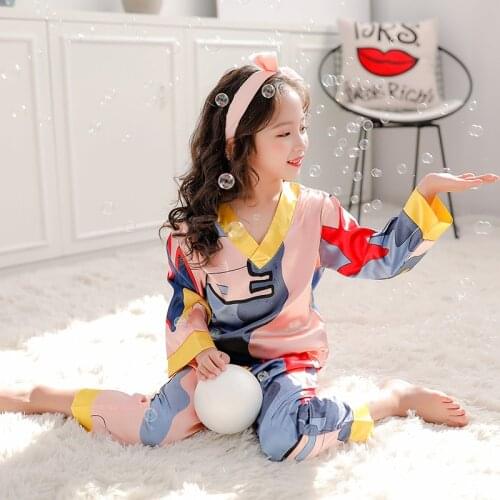 3-14 Years Old Homewear Spring Long Sleeve Children Pajamas Set Silk V-neck Sleepwear Tracksuit Girls Sweet Pijama Nightwear