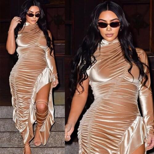 Free Shipping Wholesale womans Dress Beige long Sleeves Fashion Casual Celebrities Celebrity Cocktail Party Dress