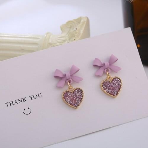 Cute Korean Earrings Heart Bling Zircon Stone Purple Bow Stud Earrings for Women Girls Fashion Jewelry 2021 New Gift