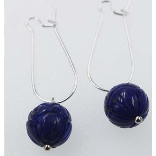 One pair blue lapis lazuli carved round 8/10mm s925 hook earrings wholesale beads FPPJ nature
