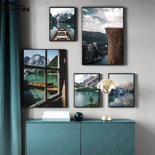 Scandinavian Nature Landscape Outside Window Canvas Prints Poster Snow Mountain Cliff Boat Lake Painting Wall Art Nordic Picture
