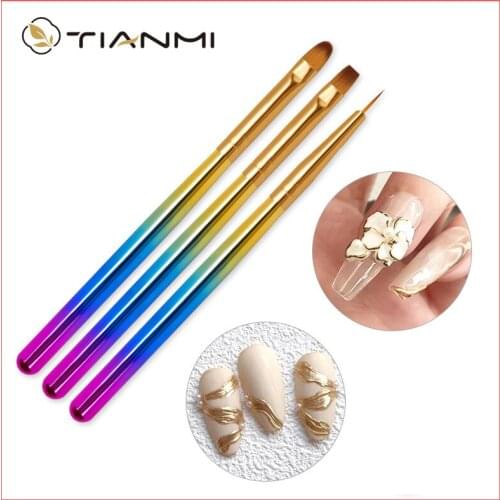 TIANMI 3 Pcs Nail Art Liner Painting Brush Metal Aluminum Hook Flower Carving Drawing Nylon Hair Painting Nail Pen Manicure Tool
