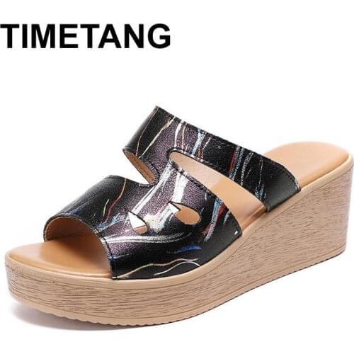 TIMETANGWomen Slippers Shoes Genuine Leather Slip on Outside Slides Ladies Fashion Wedges Summer Beach Thick Sole Flip Flop