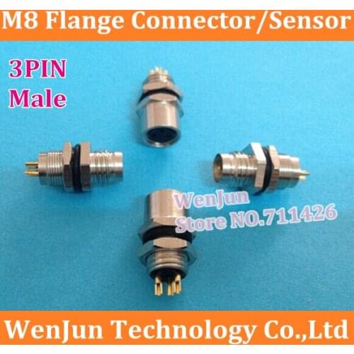 High Quality M8 flange / socket 3 core 3 Pin Male connector 100PCS/LOT 3pin sensor hole type / wall panel