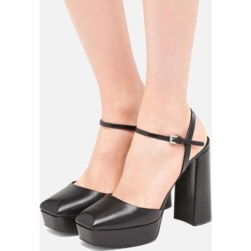 2020 new summer genuine leather women sandals square high heels black white shoes woman pumps dress party wedding shoes size 40