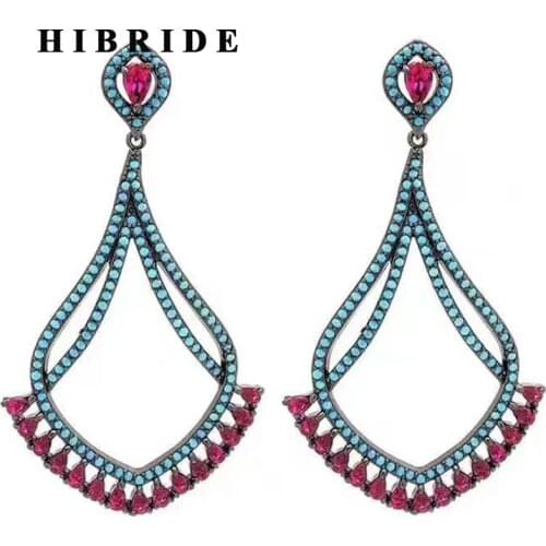HIBRIDE Hot Bohemian Style Multicolor Cubic Zircon Pendant Women Statement Earrings Black Gun Plated Female Jewelry 2017 E-441