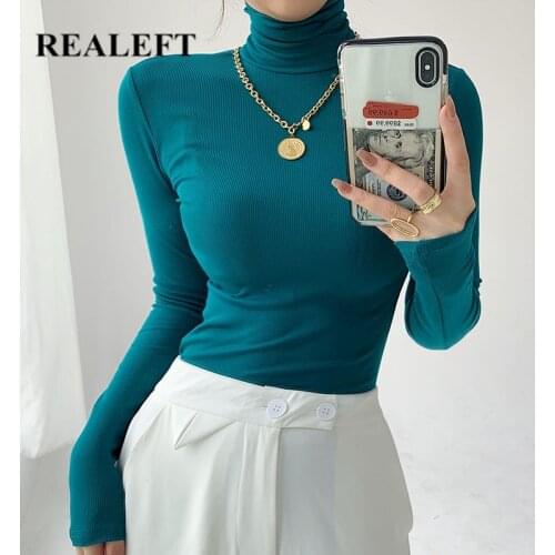 REALEFT Autumn Winter Velvet Knitting Womens Sweater Thicken Solid Bottom Long Sleeve Minimalist Turtleneck Pullover 2021 New