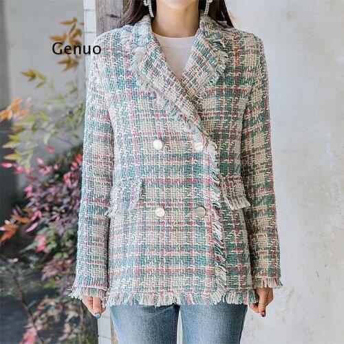 Womens Winter Autumn Tweed Jacket for Women Blue Pink Plaid Double Breasted Blazer High Quality Spring Womens Blazers Tassel