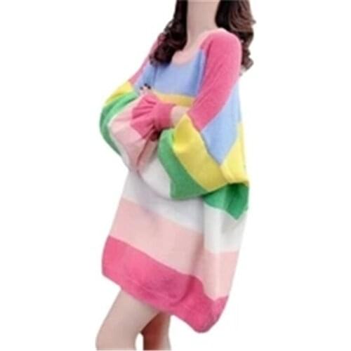 New Spring Autumn Womens Knitted Sweaters Colorful Female Pullover Striped Loose Big Size Trendy Lady Clothes Outerwear Tops