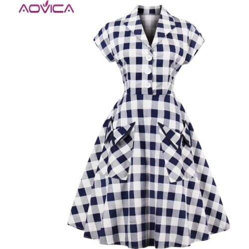Aovica S-4XL Plus Size Women Robe PinUp Dress Retro Vintage 50s Rockabilly Plaid Pockets Summer female Dresses Tunic Vestidos