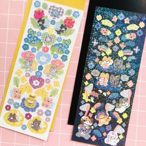 1 Sheet Cute Catching Cat Kitten With Flowers Decoration Sticker Material For Photo Album phone sticker