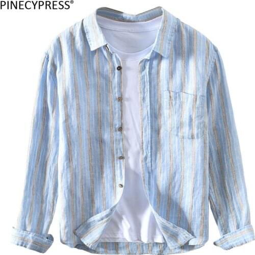 100% Linen Cool Breathable Anti-static Anti-microbial Quality Fashion Man Shirt Striped Summer Casual Long Sleeve Men Shirts