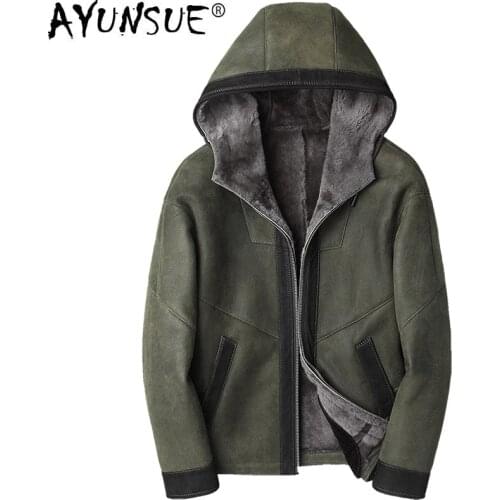 AYUNSUE Winter Shearling Genuine Leather Jacket Men Real Fur Coat Hooded Natural Sheep Fur Coats Warm casual JM-H2-19833 KJ3852