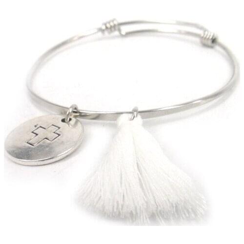 Free shipping new DIY alloy adjustable flat spring cuff bangle with white tassel,cross double side charm fashion metal bangle