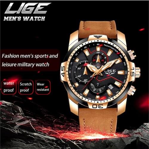 LIGE High Quality Leather Business Mens Watches Casual Waterproof Chronograph Sports Male Wristwatches Clock Relogio Masculi