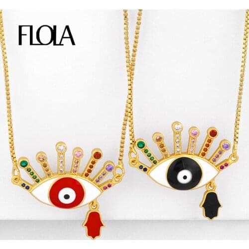 FLOLA Multicolor Turkish Evil Eye Necklaces For Women Fatima Hand Pendant Necklaces Crystal CZ Zirconia Rainbow Jewelry nkeq64