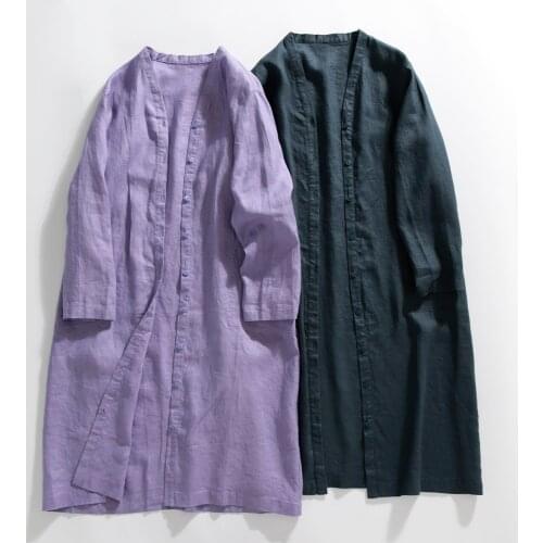 Pure linen cardigan Shirt dress loose V-Neck long Shirts long sleeve cotton linen thin windbreaker coat 2021 autumn women 371