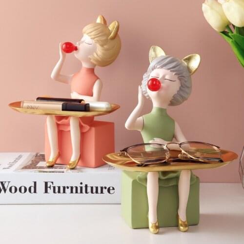 Nordic Resin Storage Cats Ears Girl Sculpture Ornaments Living Room Desktop Character Model Craft Home Decoration Accessories