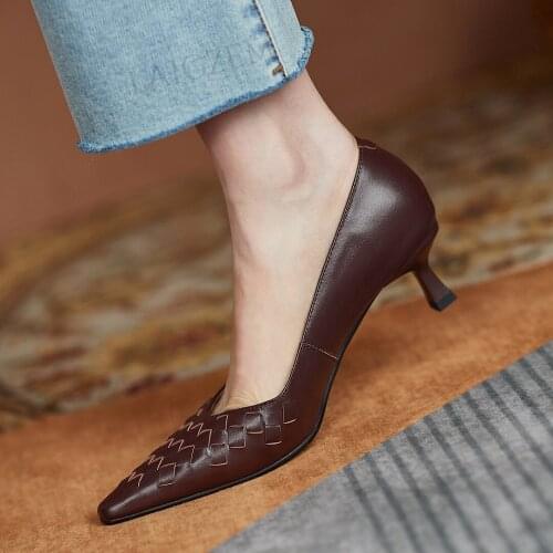 LAIGZEM Quality Women Pumps Genuine LEATHER 4.5CM Slip On Kitten Heels Sandals Office Dress Ladies Shoes Woman Big Size 38 40