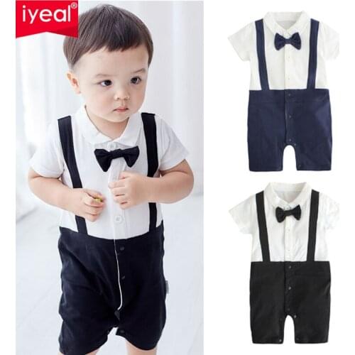 IYEAL Summer Gentleman Baby Infant Rompers Patchwork Baby Boys Clothes White Necktie Baby Clothes Boys Rompers Kids Costume