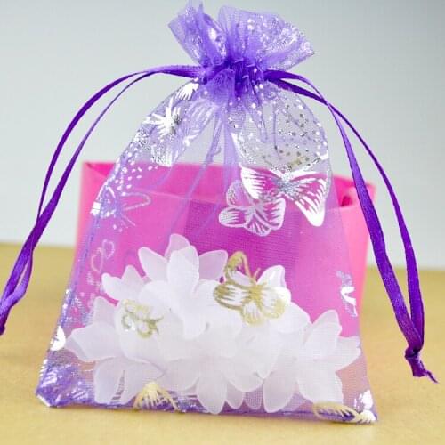 Hotsale 100pcs Silk Bag Packing 9x7cm Dark Purple Organza Drawable Pouches Butterfly Printing Toy Jewelry Packaging Bags