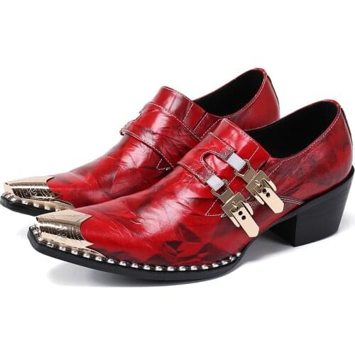 Fashion Trending Buckle Metal Pointed Toe Leather Shoes Plus Size Man Business Party High Heels Mens Wedding Formal Shoes