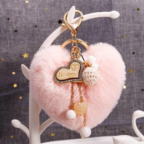 2020 New Heart Pompom Key Chains Cute Fake Rabbit Fur bag Keychain Women Girls love heart Jewelry Pendant Fluffy Keyring gifts