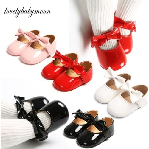 Newborn Baby Girls Shoes PU leather Buckle First Walkers With Bow Red Black Pink White Soft Soled Non-slip Crib Shoes