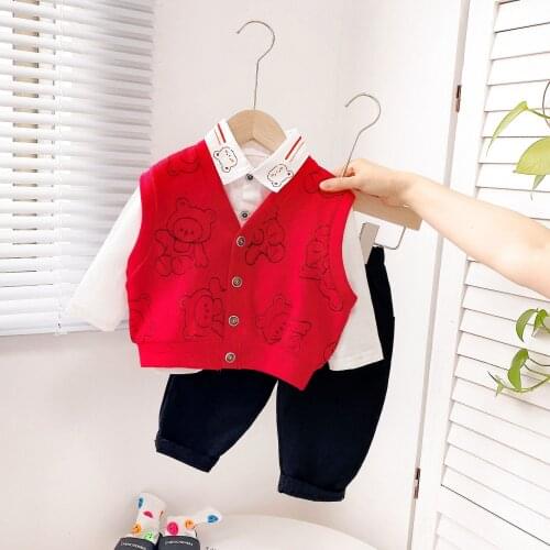 Autumn 3PCS Children Boys Sets 12Months-4Years Kids Bear Pattern Vest Suits Gentleman Baby Boy Casual Clothing Birthday Outfits