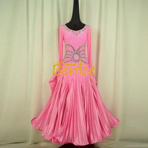 Ballroom Competition Dress Adult Pink Tight Long Swing Rhinest Tango Waltz Latin Dancing Dress Performer Dance Wear For Women