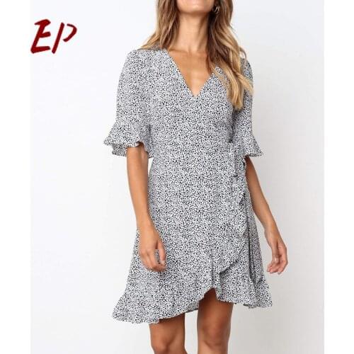 EP 2020 Fashion Female Summer Irregular Print Dress for Women V-Neck Draped High Waist White Short Sleeve Dress