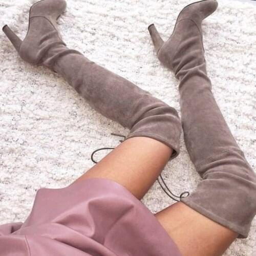 Fall Best Slim Fashion Beige/Black/Grey Stretch Suede Thigh High Boots Over The Knee Women Boots High Heels Women Shoes