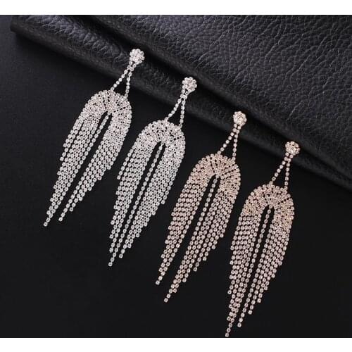 New fashion Exaggerated Luxury Full Shiny Rhinestone Earrings Geometric Metal Long Tassel Women bijoux Accessories jewelry E687