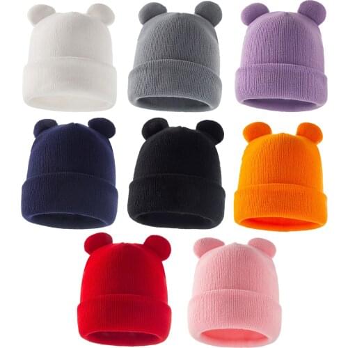 Cute Cartoon Bear Ear Baby Hat Winter Soft Warm Knitted Boy Girl Hats Beanie Solid Color Infant Toddler Cap Bonnet Kids Caps