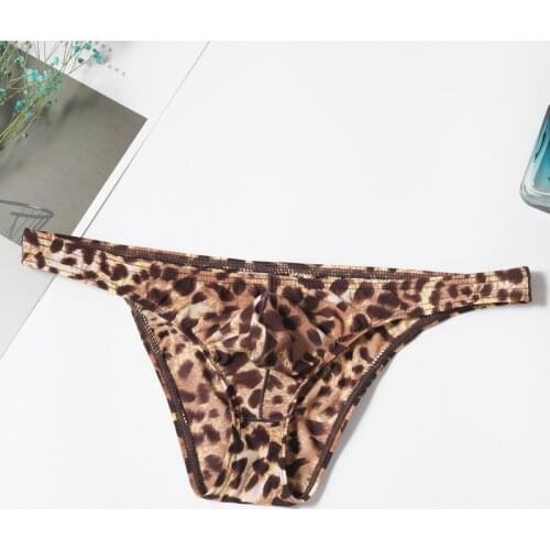Ice silk Mens sexy Leopard g string man bikini Print thong Sexy Low Waist underwear male Breathable bulge pouch Briefs panty