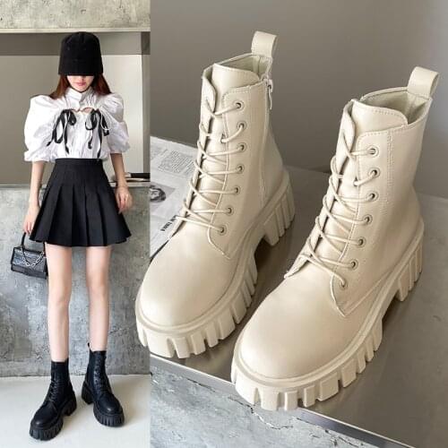 2021 Women Black Leather Combat Short Boots Female Motorcycle Booties Autumn Winter Platform Gothic Shoes Women Punk Ankle Boots