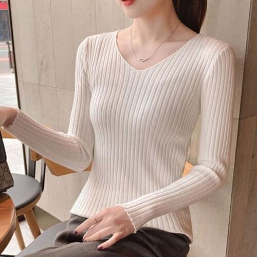 Office Lady V-neck Solid Autumn Winter Sweater Pullover Women Knitted Top Slim Long Sleeve Sweaters Dropshipping