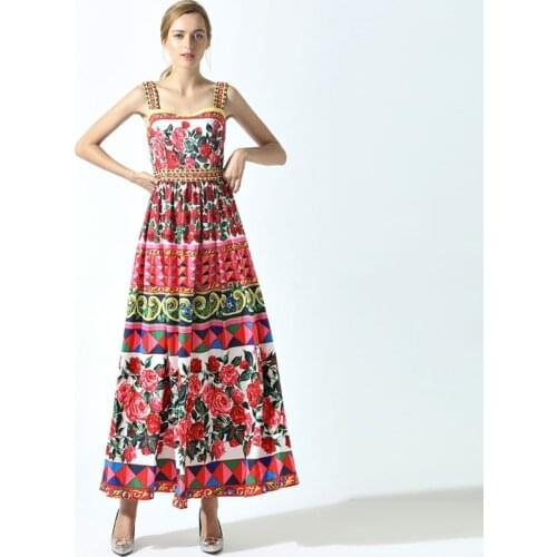 High Quality 2017 Summer New Runway Maxi Dress Womens Spaghetti Strap Cute Charming Rose Flower Floral Print Beading Long Dress